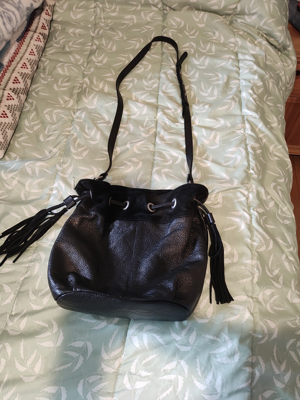 American Eagle Black Leather Drawstring Bucket Bag with Tassels